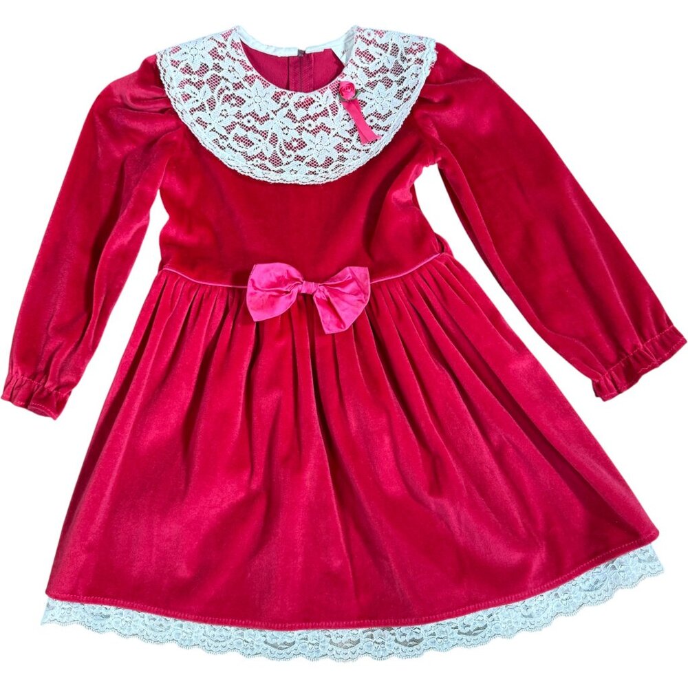 Vintage Kinda Kute Red Pink Velvet Dress Statement Lace Collar Little Girl 6